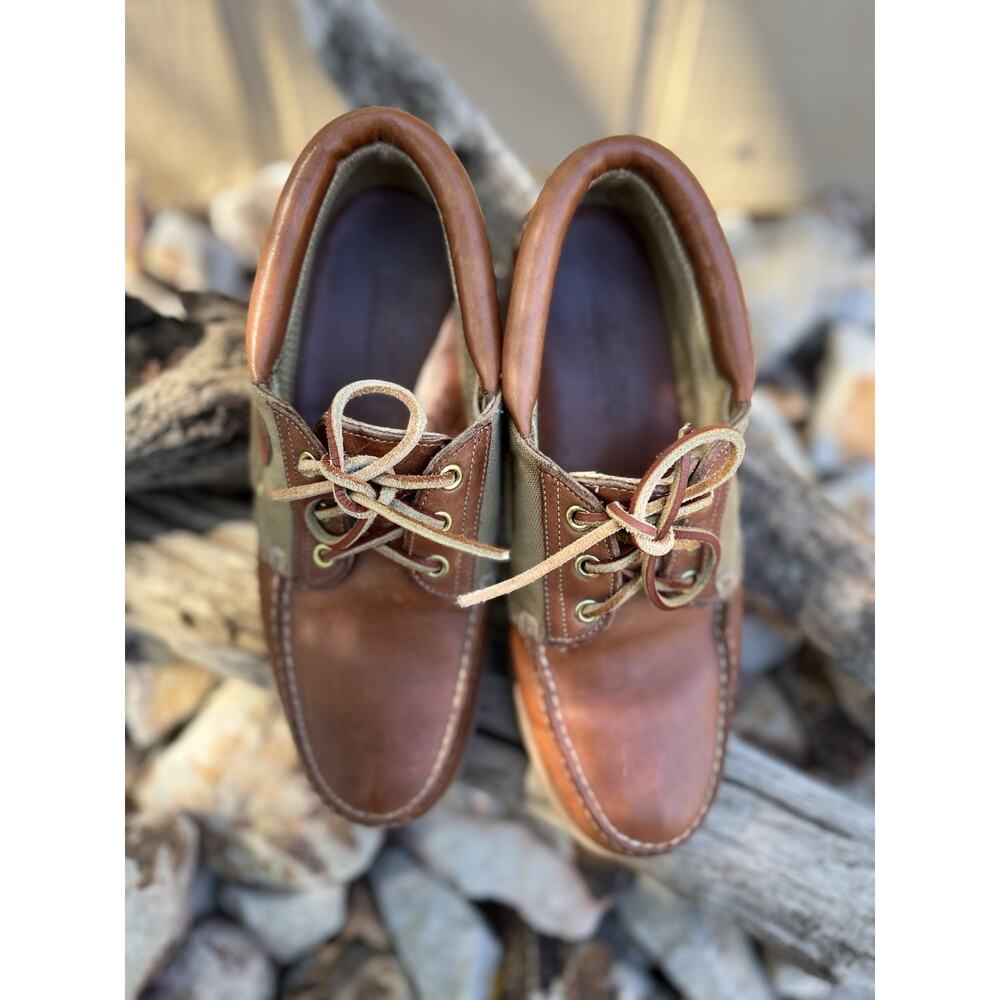Timberland Boat Shoes Mens 8 M Brown Leather/Tan Canvas Loafer EUC - Picture 2 of 6